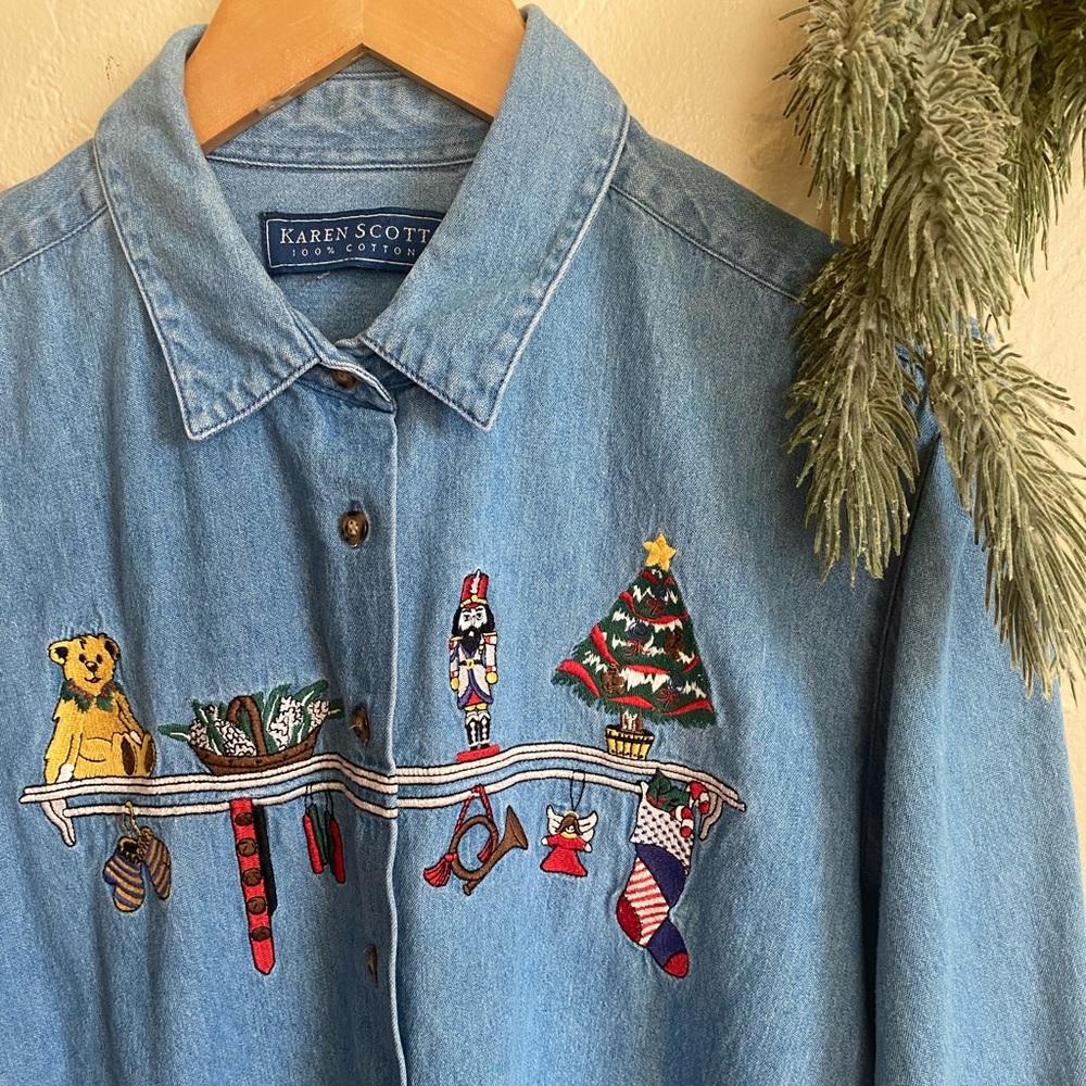 Vintage Karen Scott Embroidered Christmas Denim Button Up Shirt